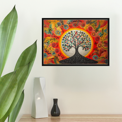 Madhubani Painting Art | Tree of Life -  Symbolizing Harmony and Nature - Yellow | Indian Folk Art
