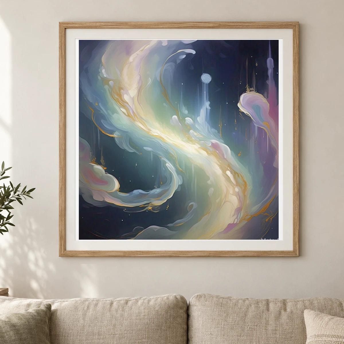 Auroral Fade Soft Abstract Painting Featuring Delicate II shown in a styled interior