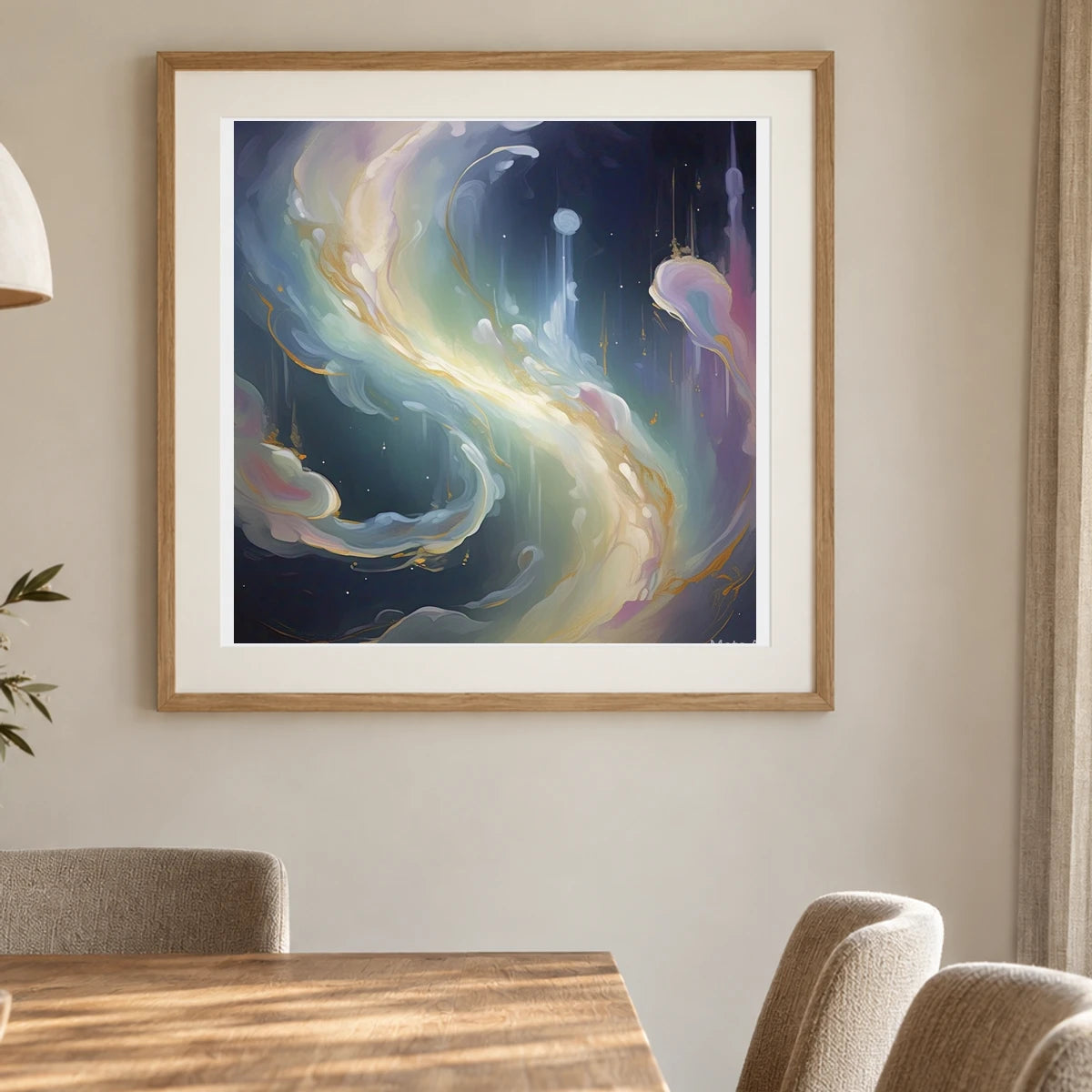 Auroral Fade Soft Abstract Painting Featuring Delicate II shown in a styled interior