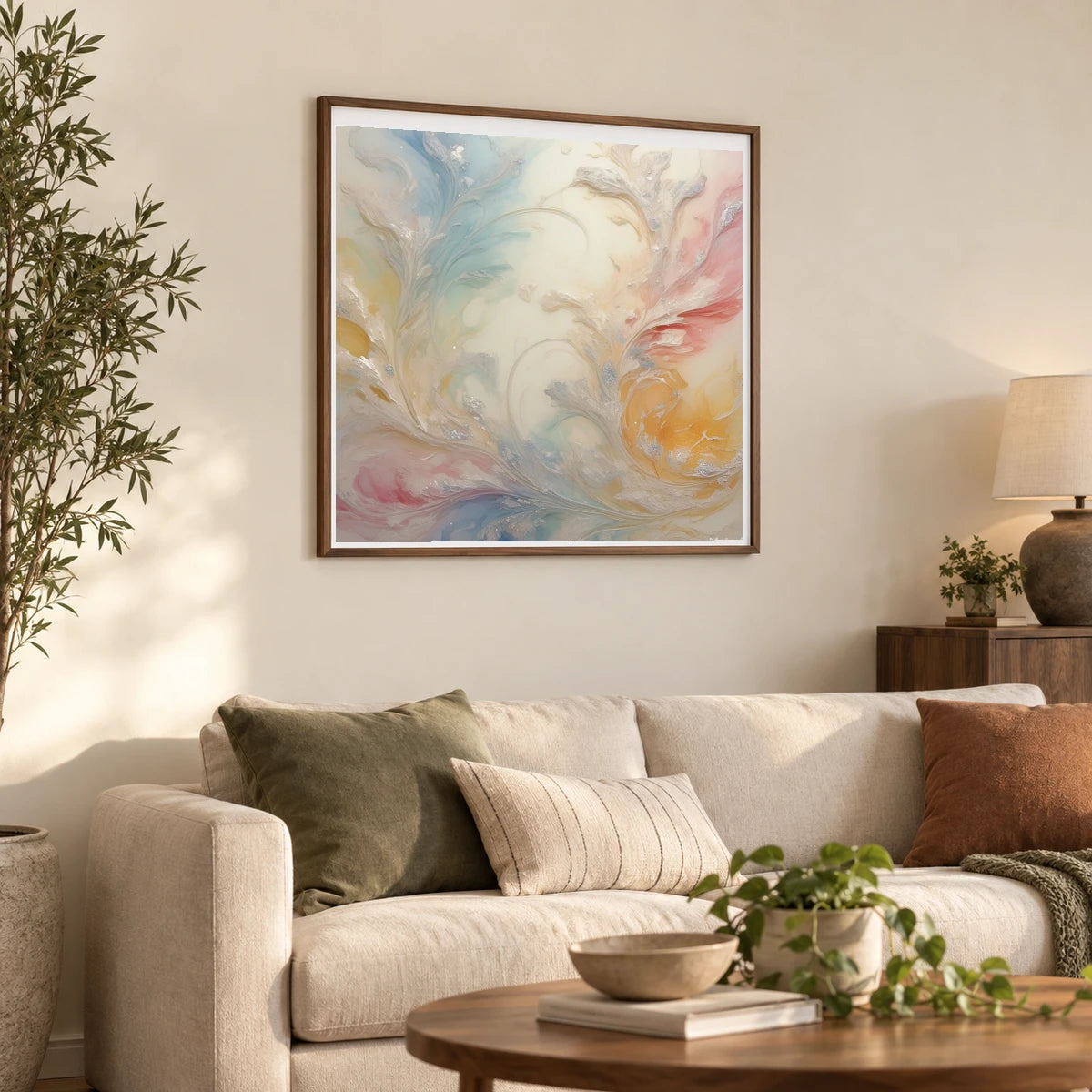 Auroral Fade Soft Abstract Painting Featuring Delicate III shown in a styled interior