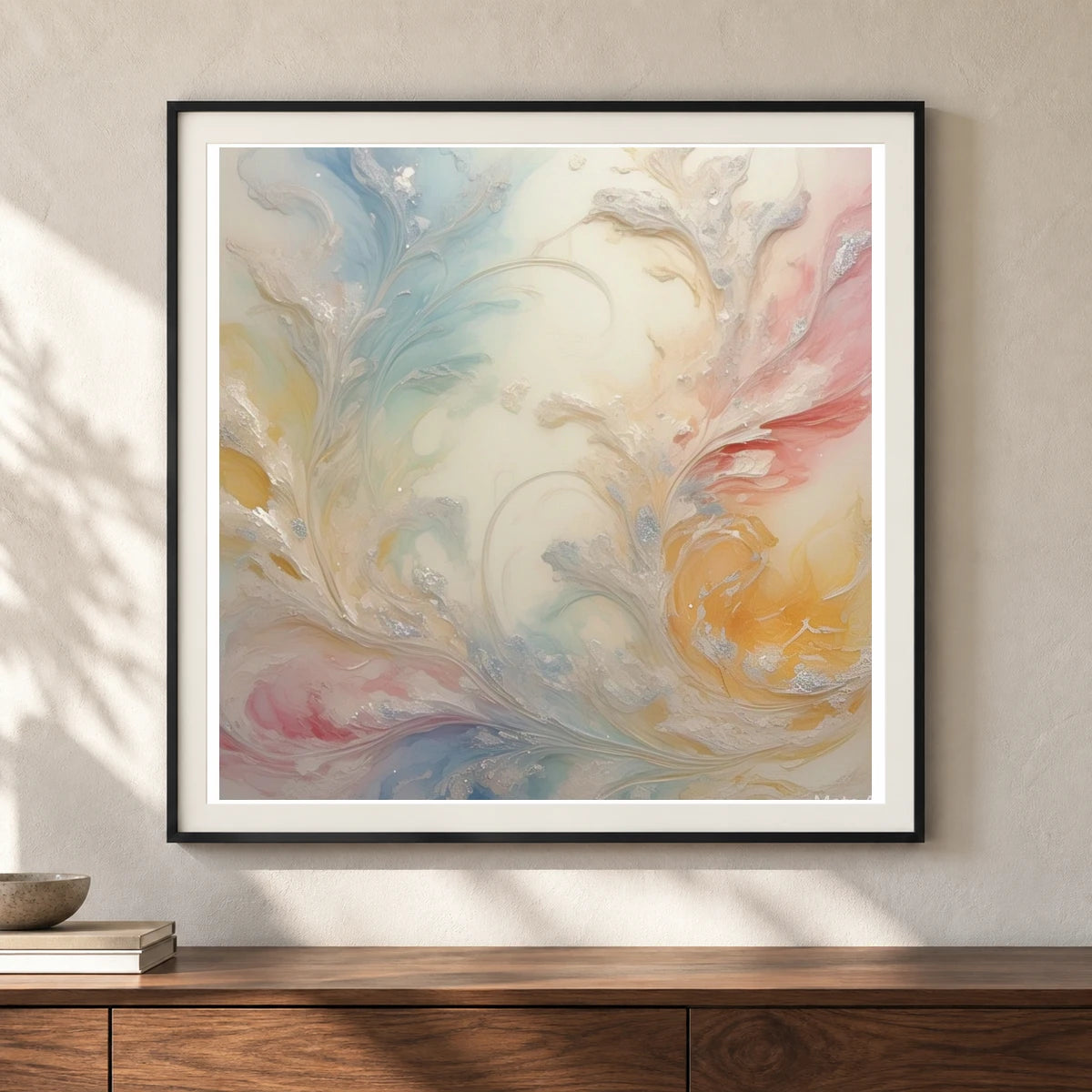 Auroral Fade Soft Abstract Painting Featuring Delicate III shown in a styled interior