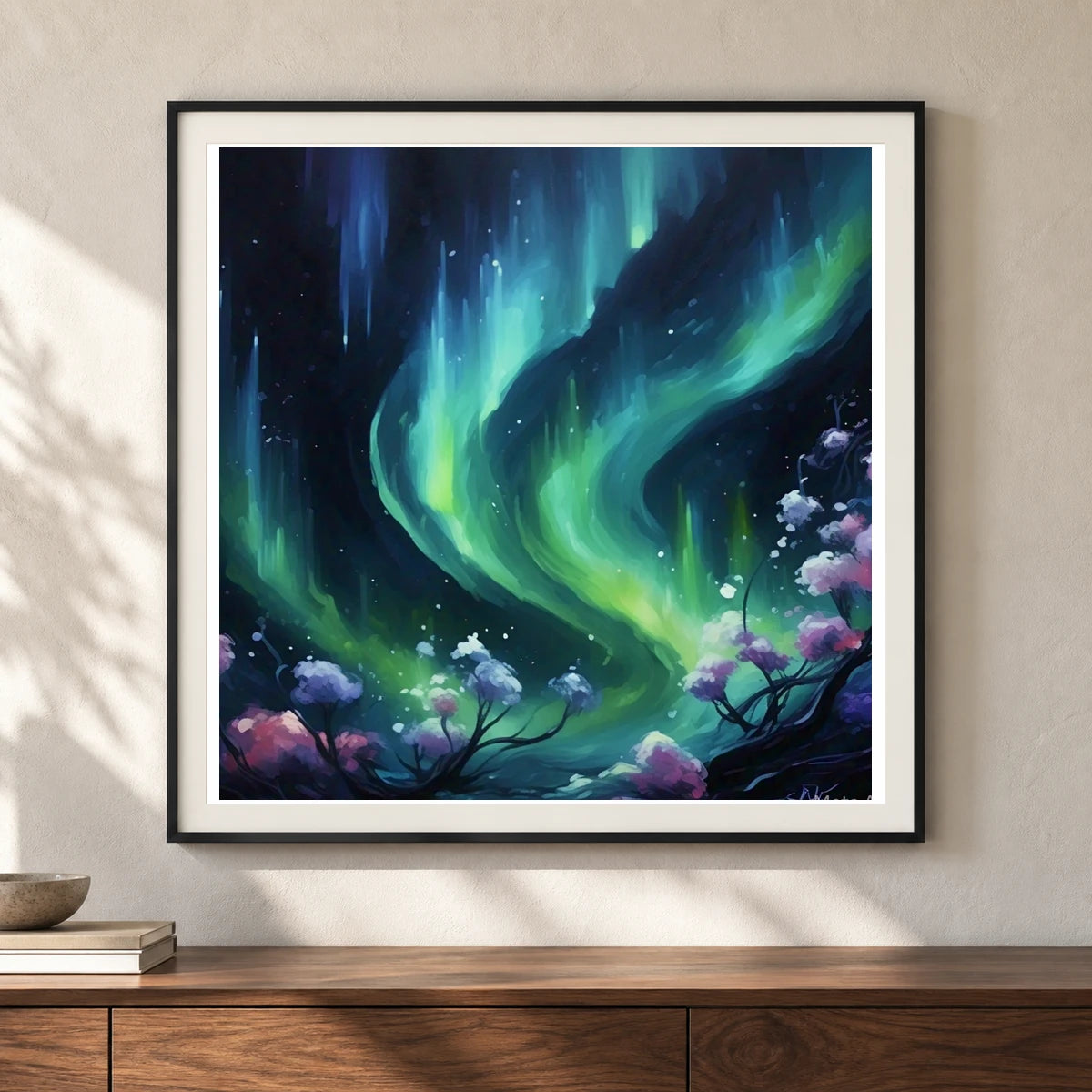 Auroral Fade Soft Abstract Painting Featuring Delicate IV shown in a styled interior