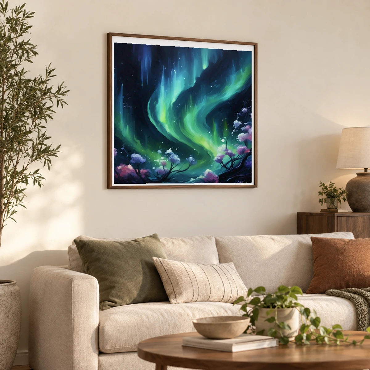 Auroral Fade Soft Abstract Painting Featuring Delicate IV shown in a styled interior