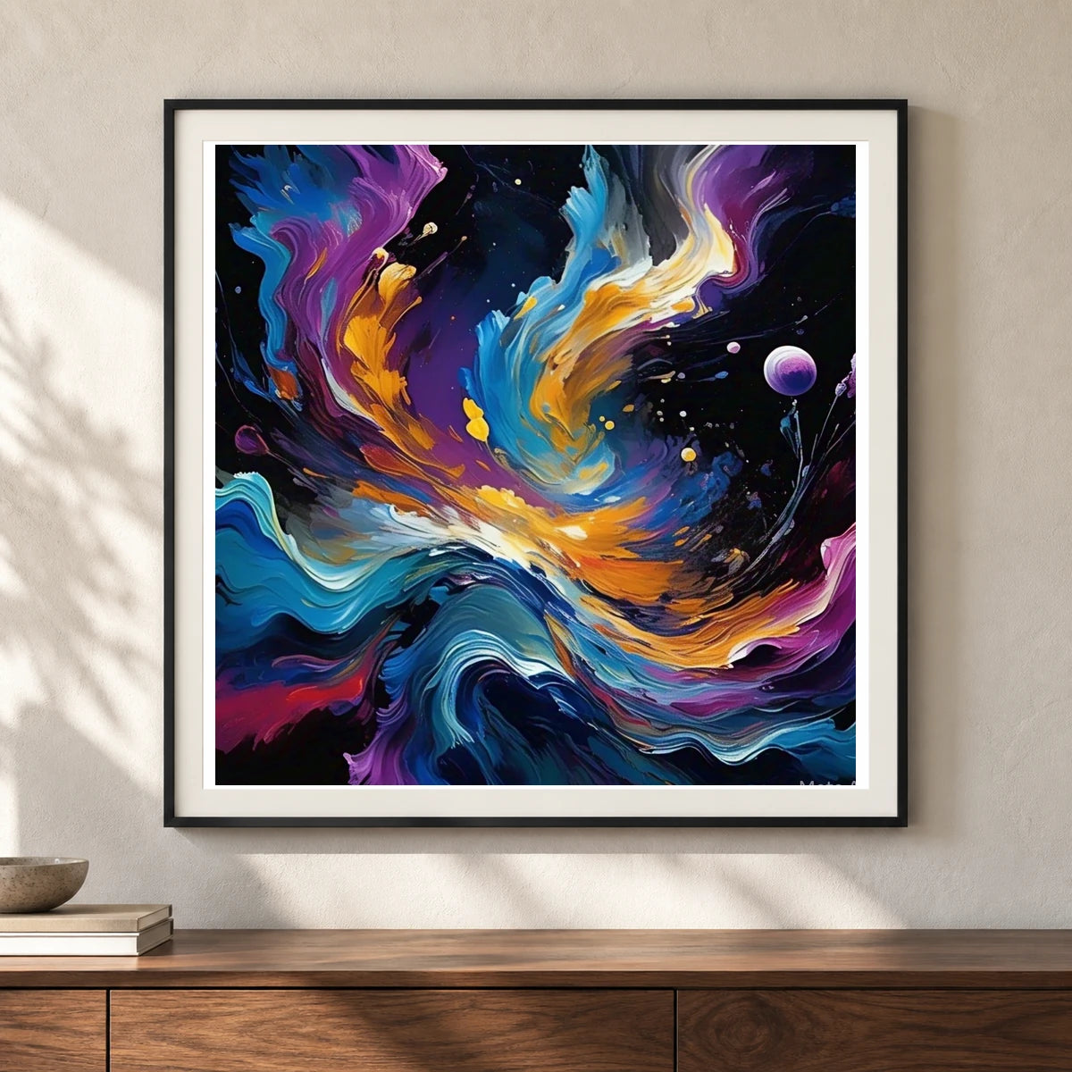 Cosmic Bloom Abstract Painting With Soft Swirling shown in a styled interior