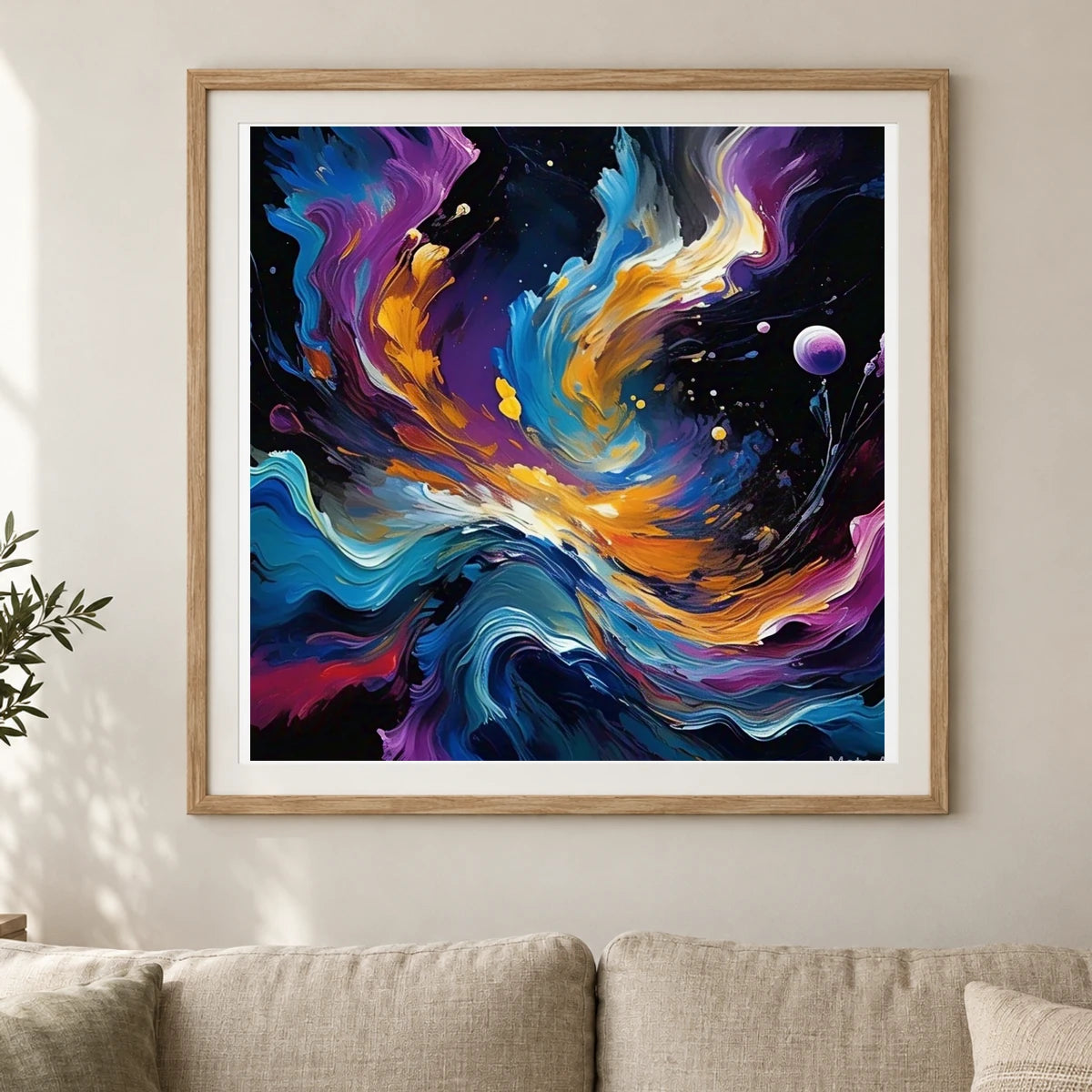 Cosmic Bloom Abstract Painting With Soft Swirling shown in a styled interior