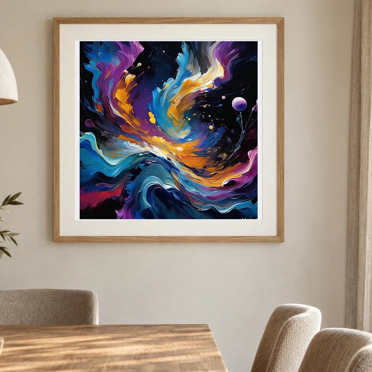 Cosmic Bloom Abstract Painting With Soft Swirling shown in a styled interior