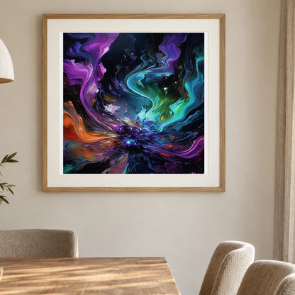 Cosmic Bloom Abstract Painting With Soft Swirling II shown in a styled interior