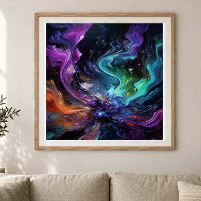 Cosmic Bloom Abstract Painting With Soft Swirling II shown in a styled interior
