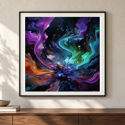 Cosmic Bloom Abstract Painting With Soft Swirling II shown in a styled interior