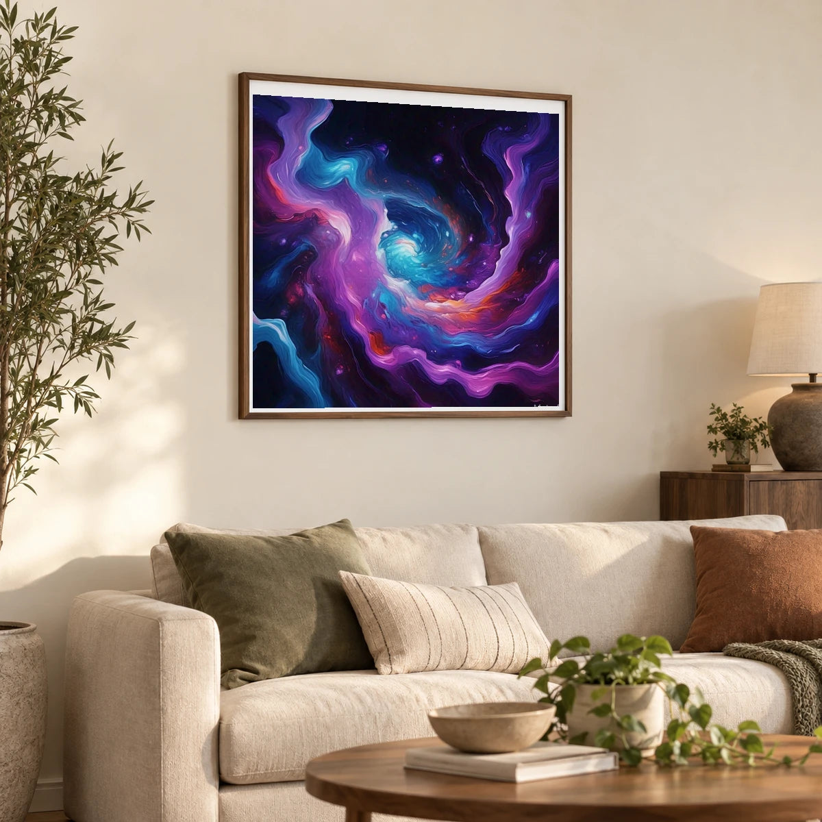 Cosmic Bloom Abstract Painting With Soft Swirling III shown in a styled interior