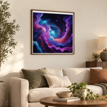 Cosmic Bloom Abstract Painting With Soft Swirling III shown in a styled interior