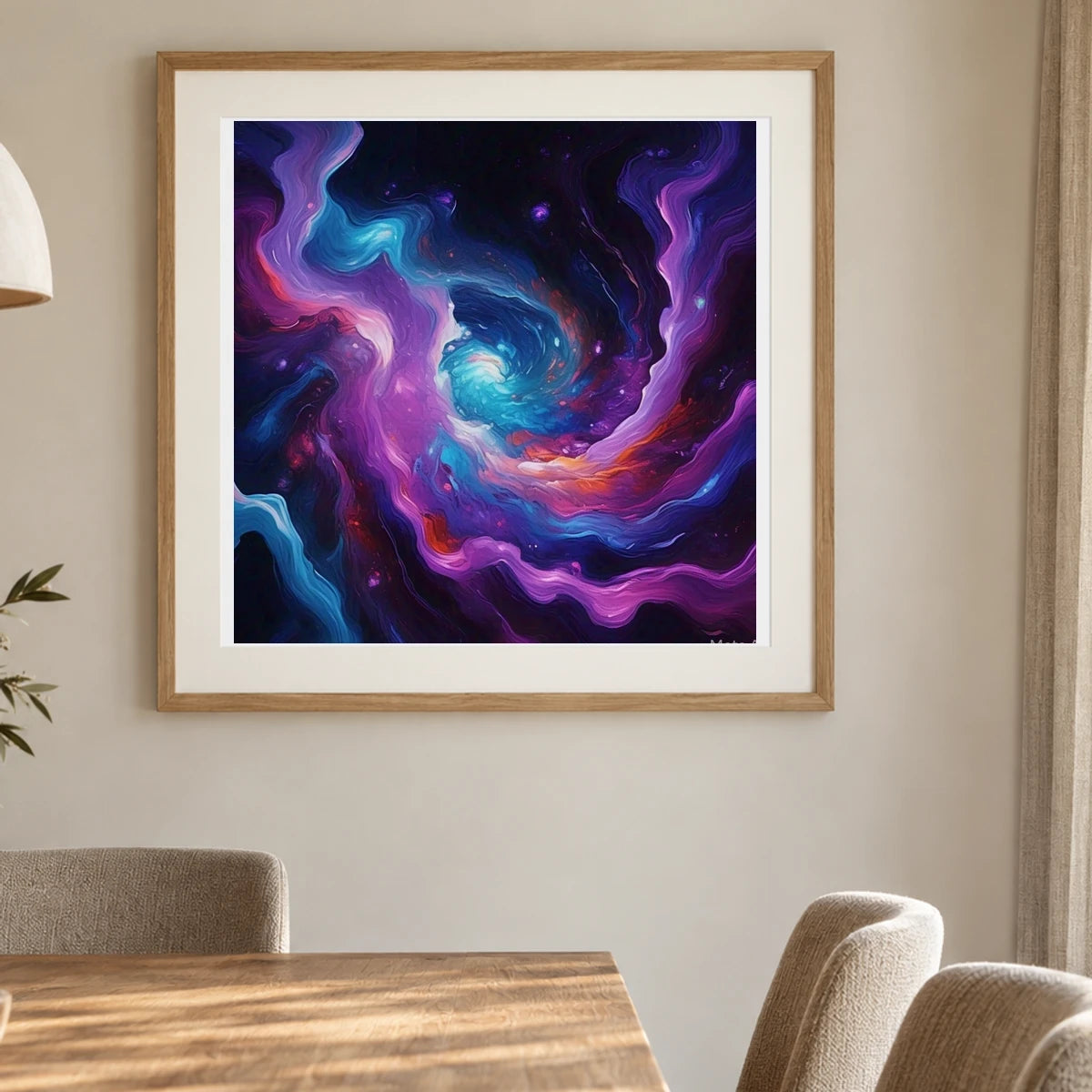 Cosmic Bloom Abstract Painting With Soft Swirling III shown in a styled interior