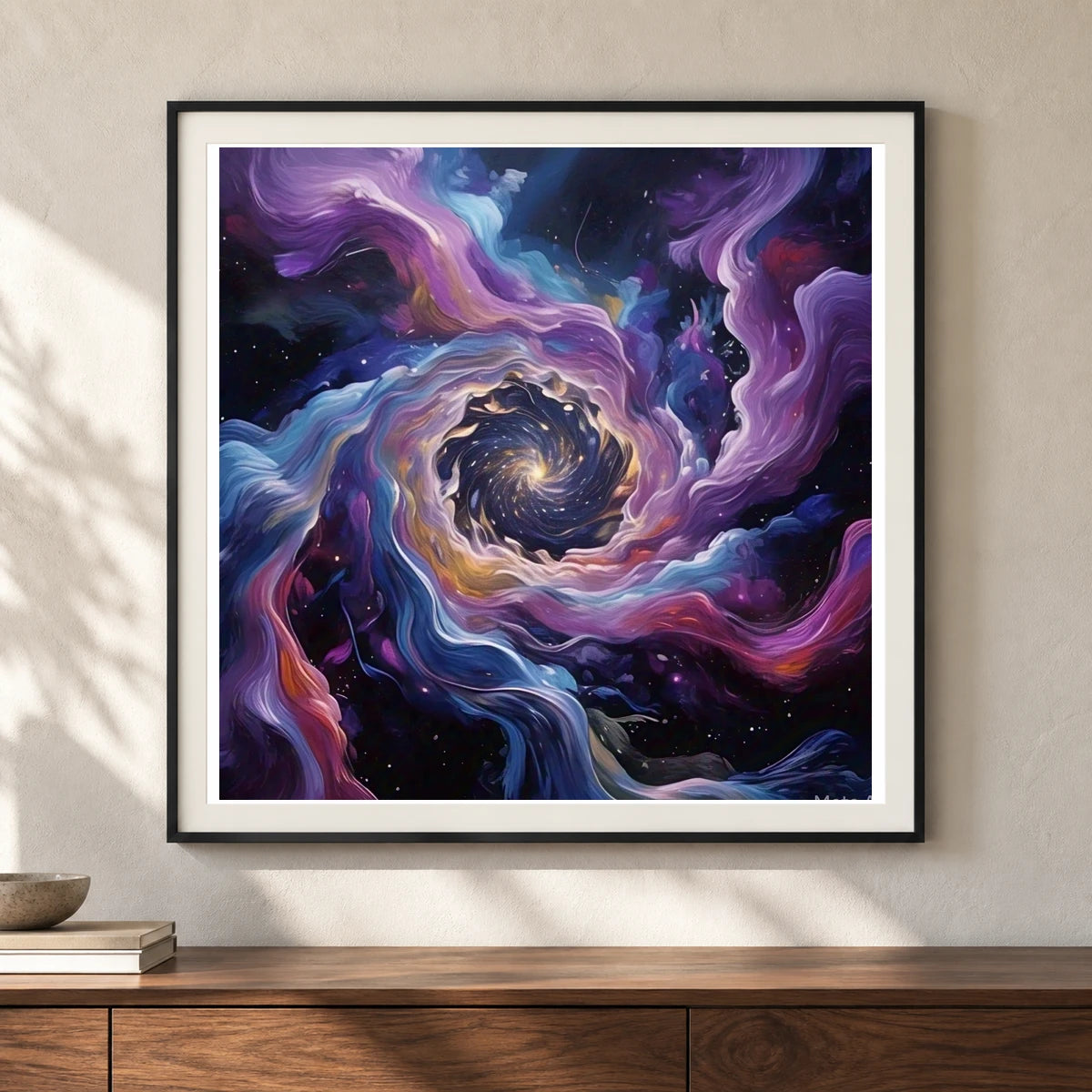 Cosmic Bloom Abstract Painting With Soft Swirling IV shown in a styled interior