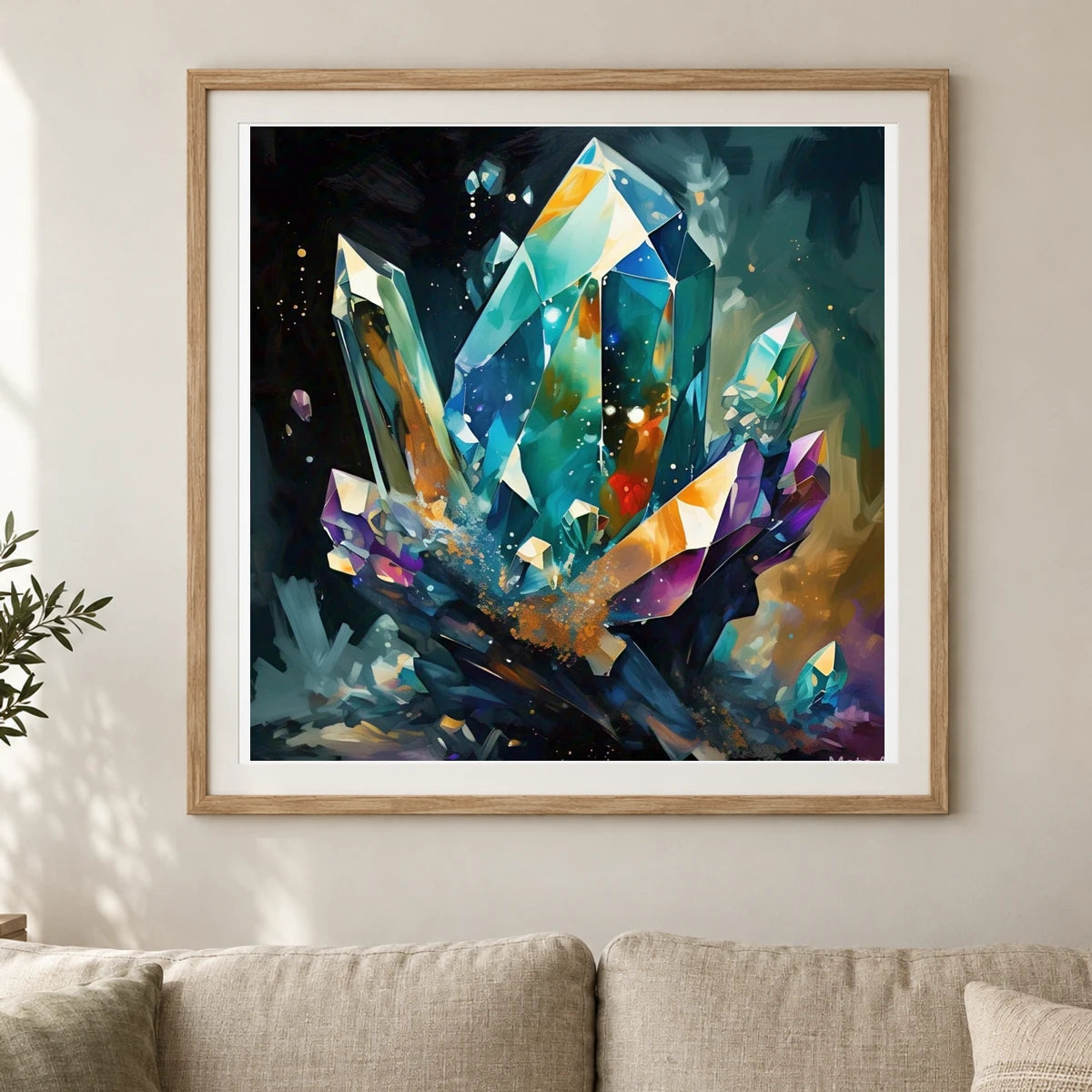 Crystal Formation Abstract Painting Featuring Delicate Crystalline shown in a styled interior