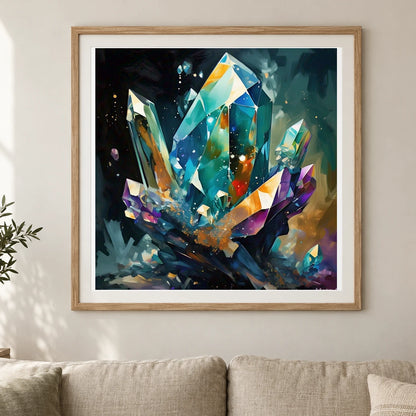 Crystal Formation Abstract Painting Featuring Delicate Crystalline shown in a styled interior