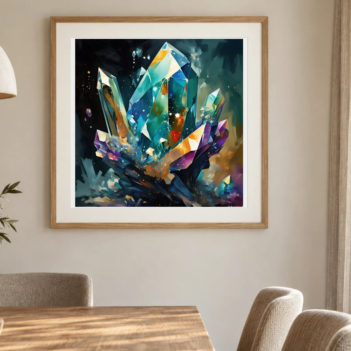 Crystal Formation Abstract Painting Featuring Delicate Crystalline shown in a styled interior