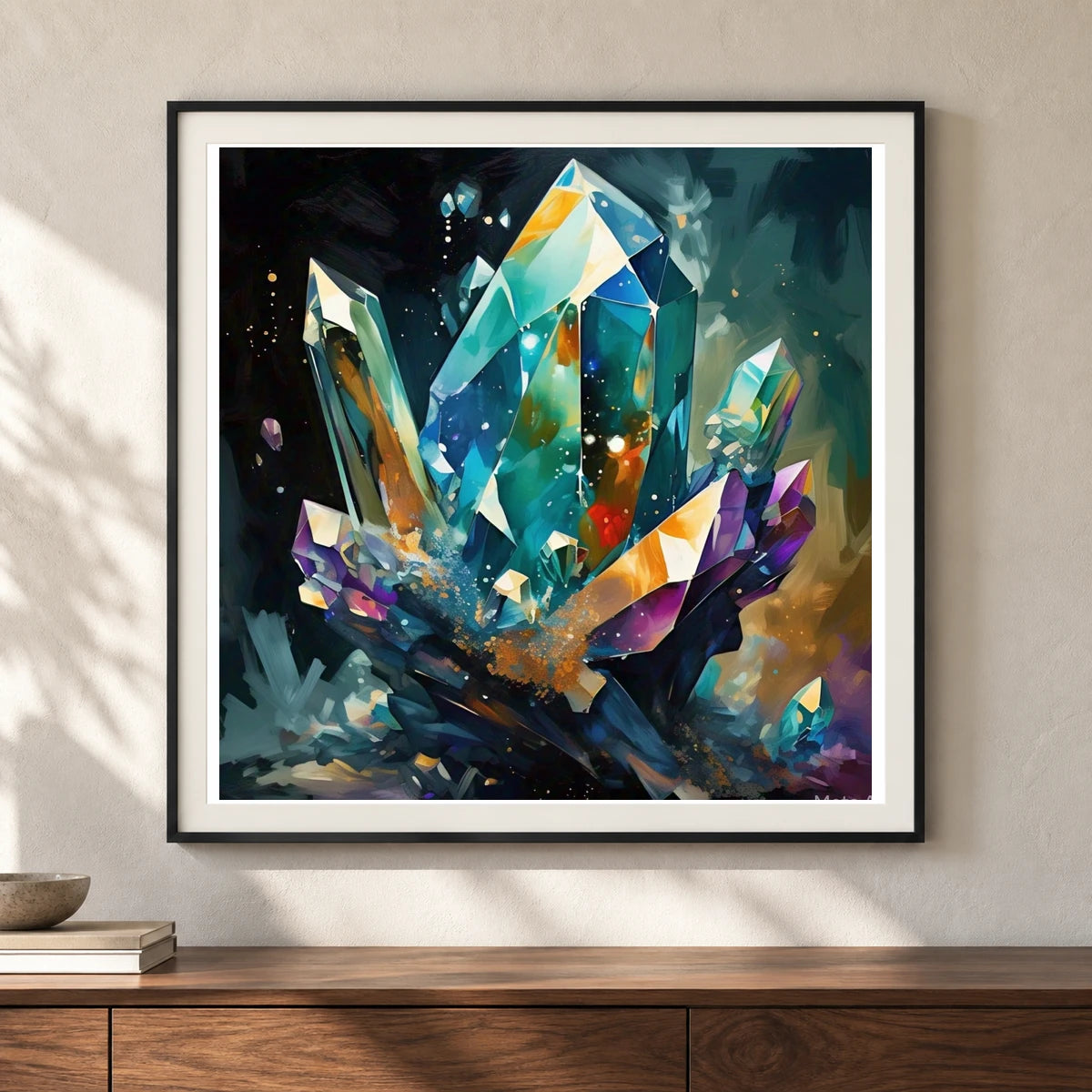 Crystal Formation Abstract Painting Featuring Delicate Crystalline shown in a styled interior