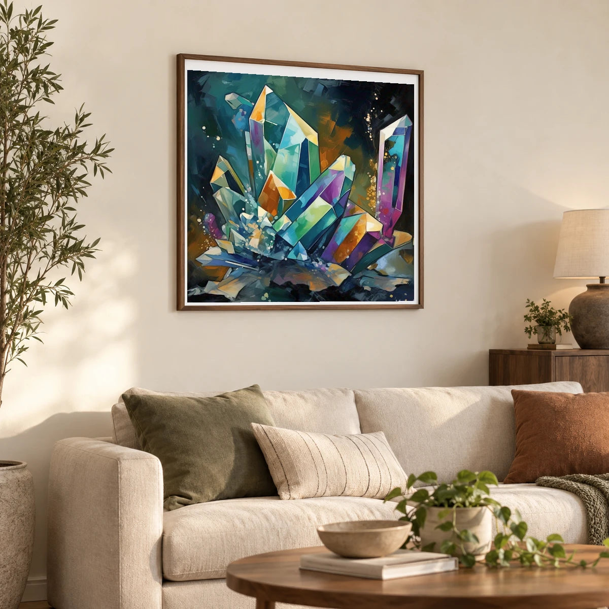 Crystal Formation Abstract Painting Featuring Delicate Crystalline II shown in a styled interior