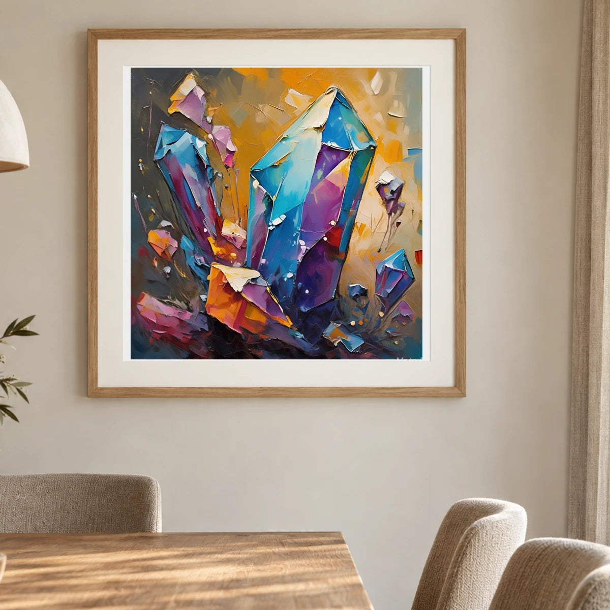 Crystal Formation Abstract Painting Featuring Delicate Crystalline IV shown in a styled interior