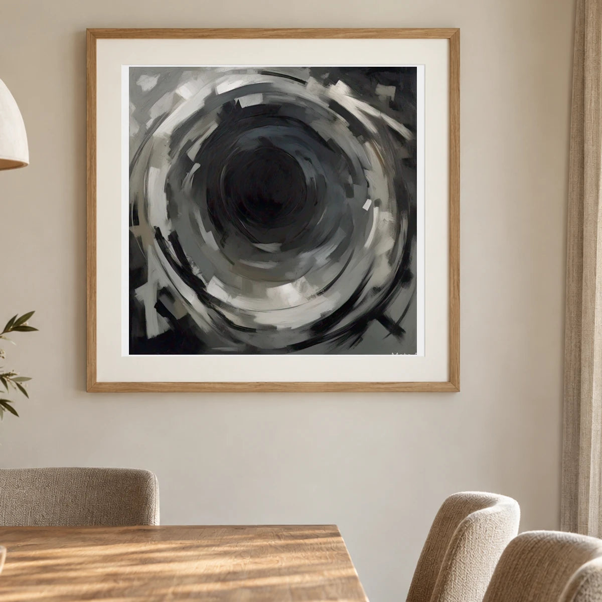 Echoing Void Abstract Expressionist Painting In Grayscale shown in a styled interior