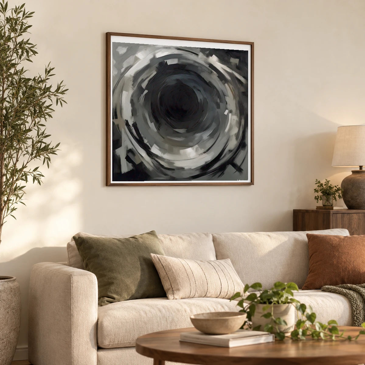 Echoing Void Abstract Expressionist Painting In Grayscale shown in a styled interior