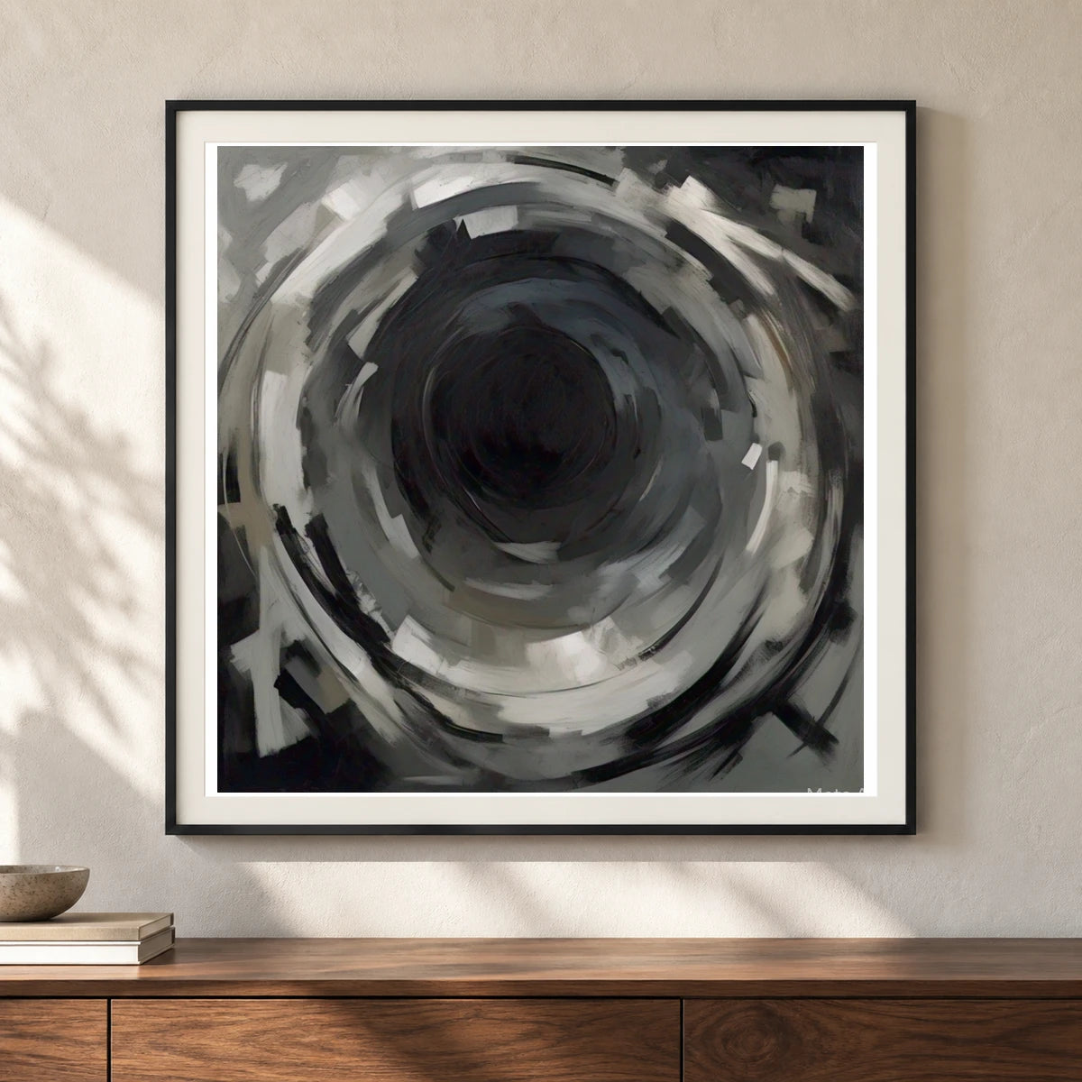 Echoing Void Abstract Expressionist Painting In Grayscale shown in a styled interior
