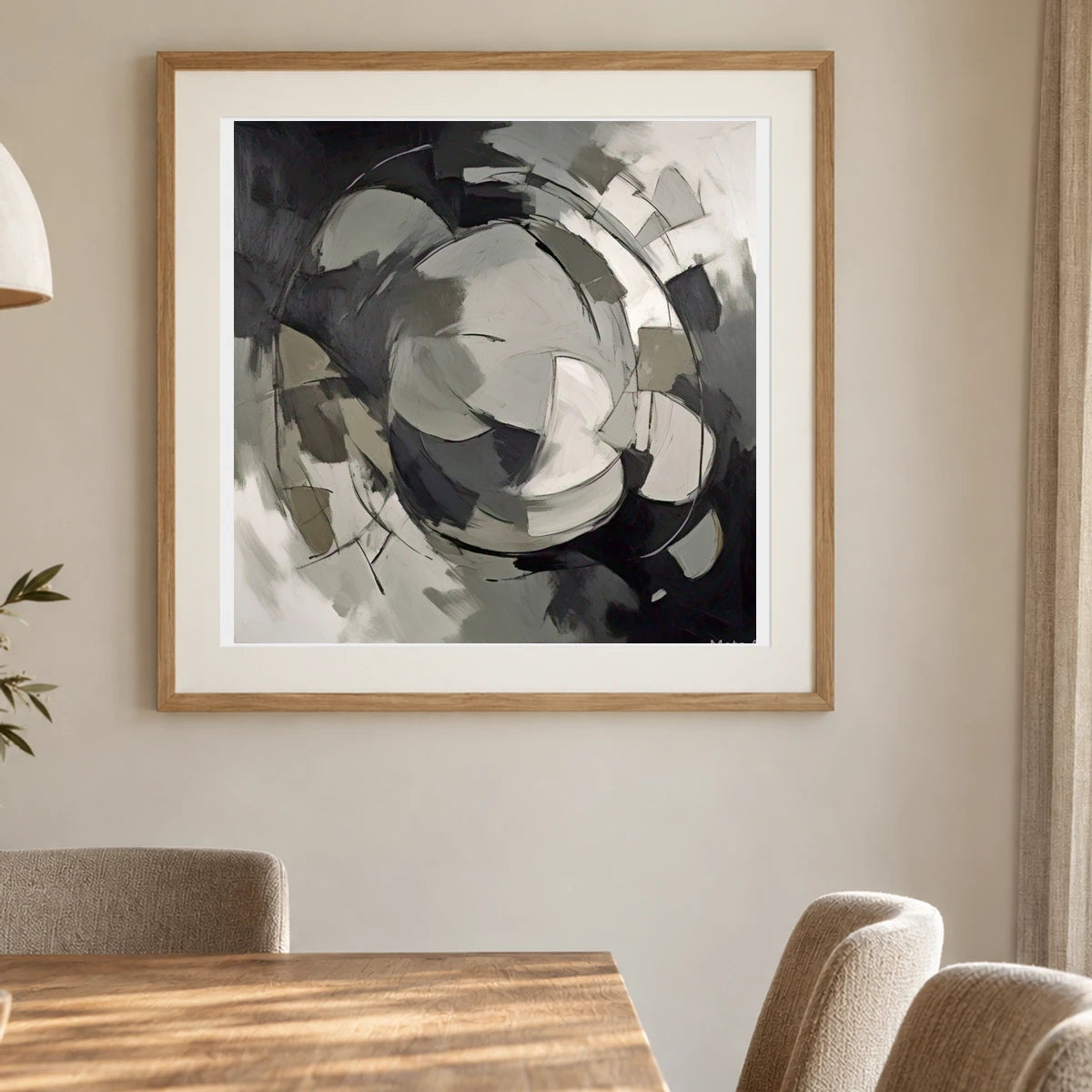 Echoing Void Abstract Expressionist Painting In Grayscale II shown in a styled interior