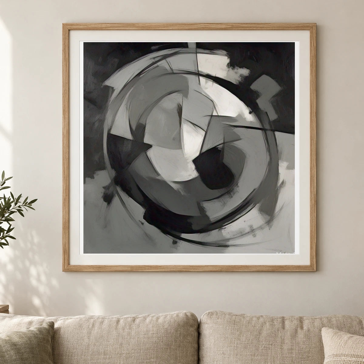Echoing Void Abstract Expressionist Painting In Grayscale III shown in a styled interior