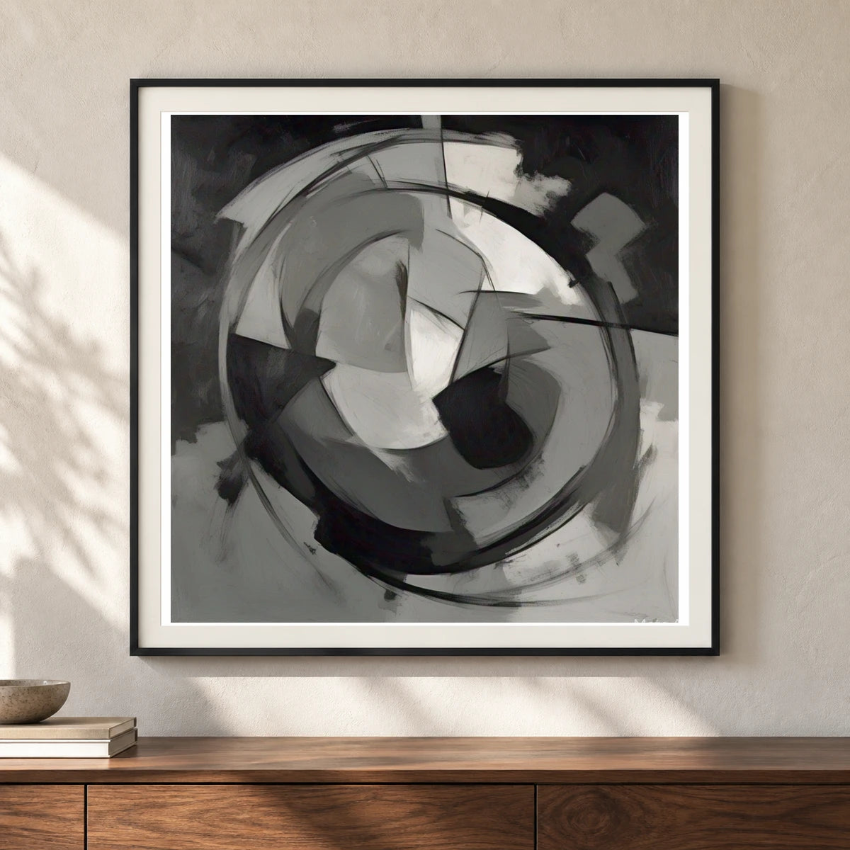 Echoing Void Abstract Expressionist Painting In Grayscale III shown in a styled interior