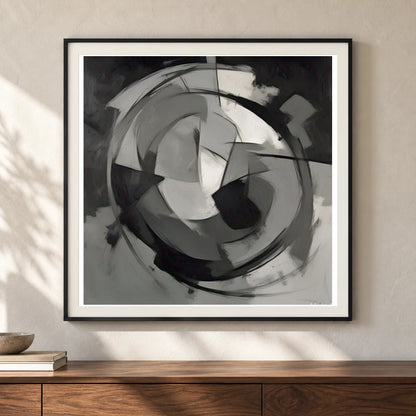 Echoing Void Abstract Expressionist Painting In Grayscale III shown in a styled interior