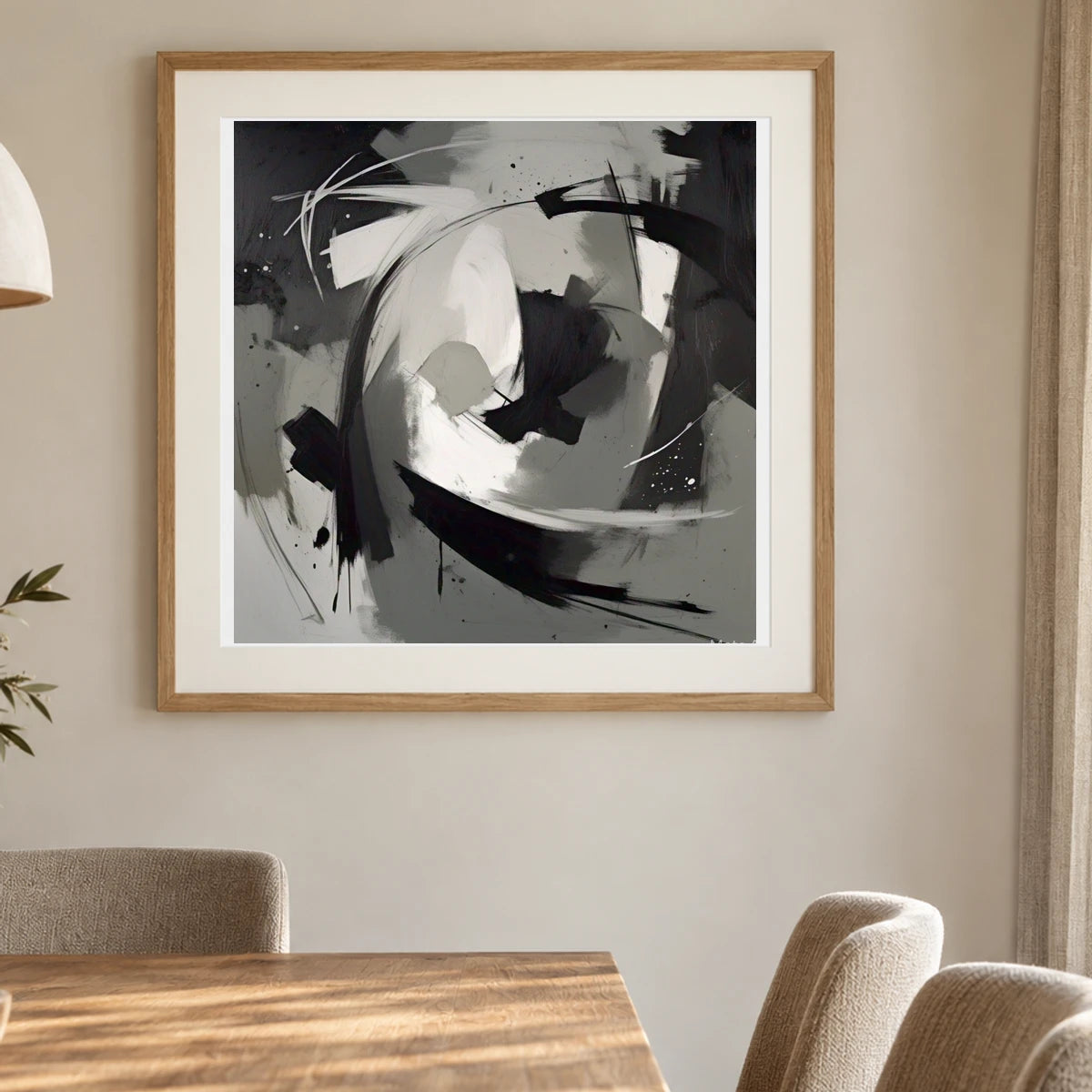 Echoing Void Abstract Expressionist Painting In Grayscale IV shown in a styled interior