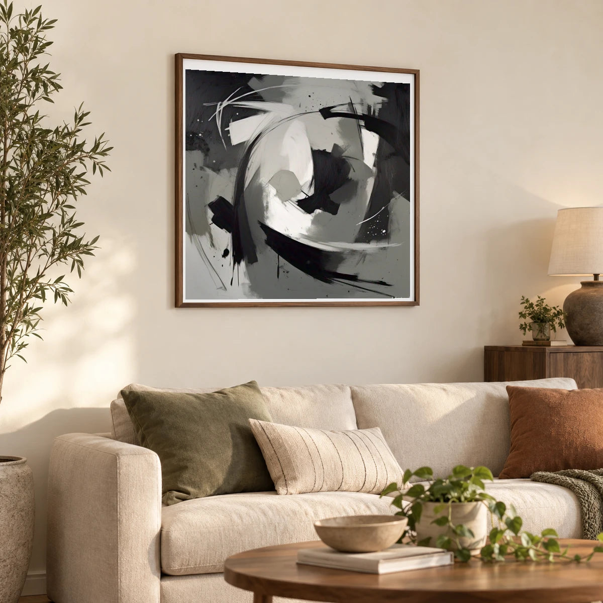 Echoing Void Abstract Expressionist Painting In Grayscale IV shown in a styled interior