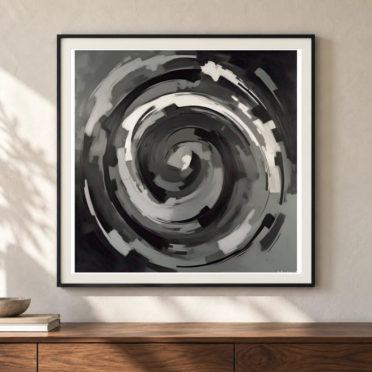 Echoing Void Abstract Expressionist Painting In Grayscale V shown in a styled interior