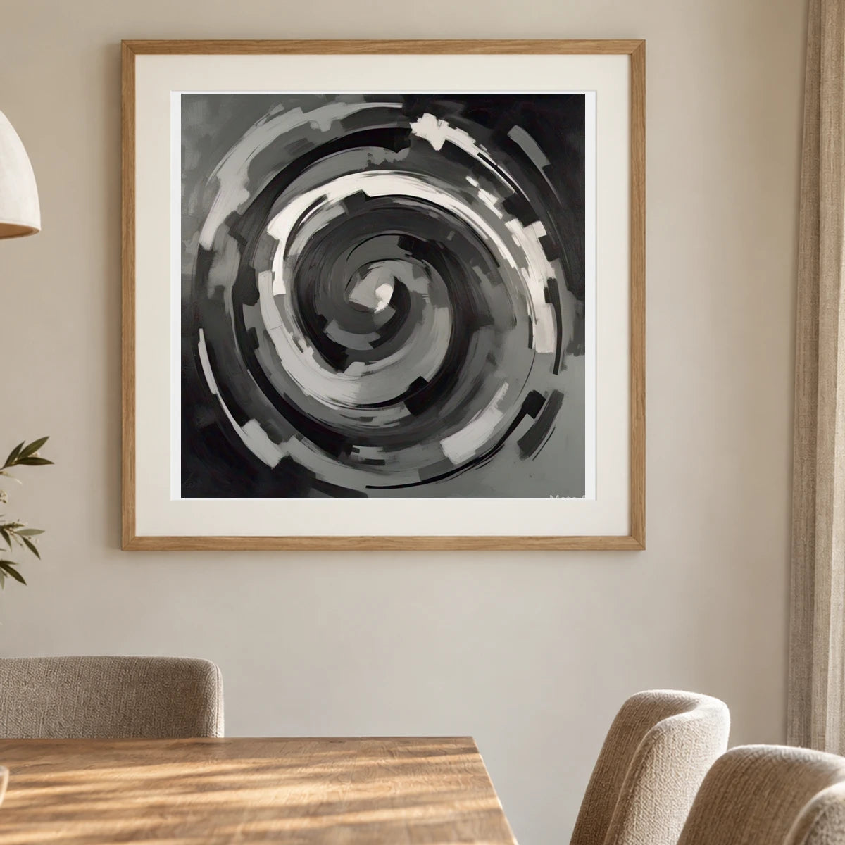 Echoing Void Abstract Expressionist Painting In Grayscale V shown in a styled interior