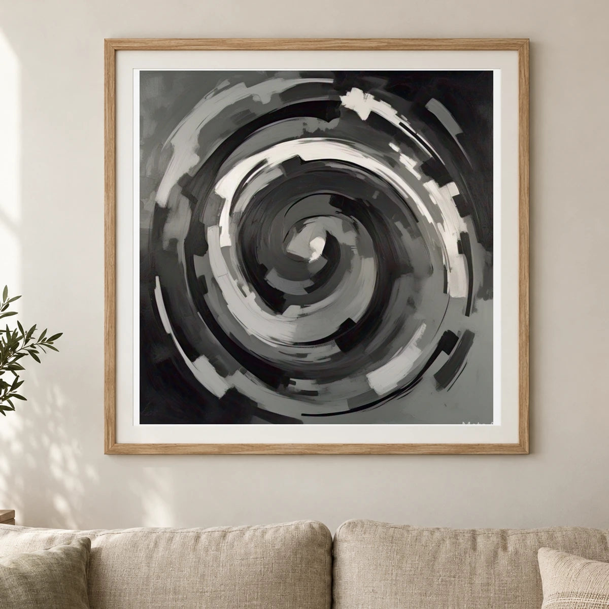 Echoing Void Abstract Expressionist Painting In Grayscale V shown in a styled interior