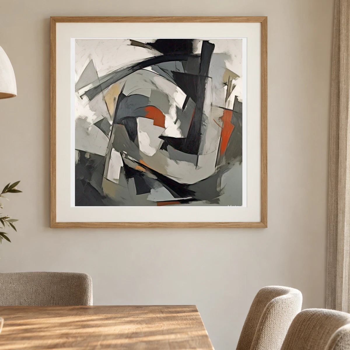 Echoing Void Abstract Expressionist Painting In Grayscale VI shown in a styled interior