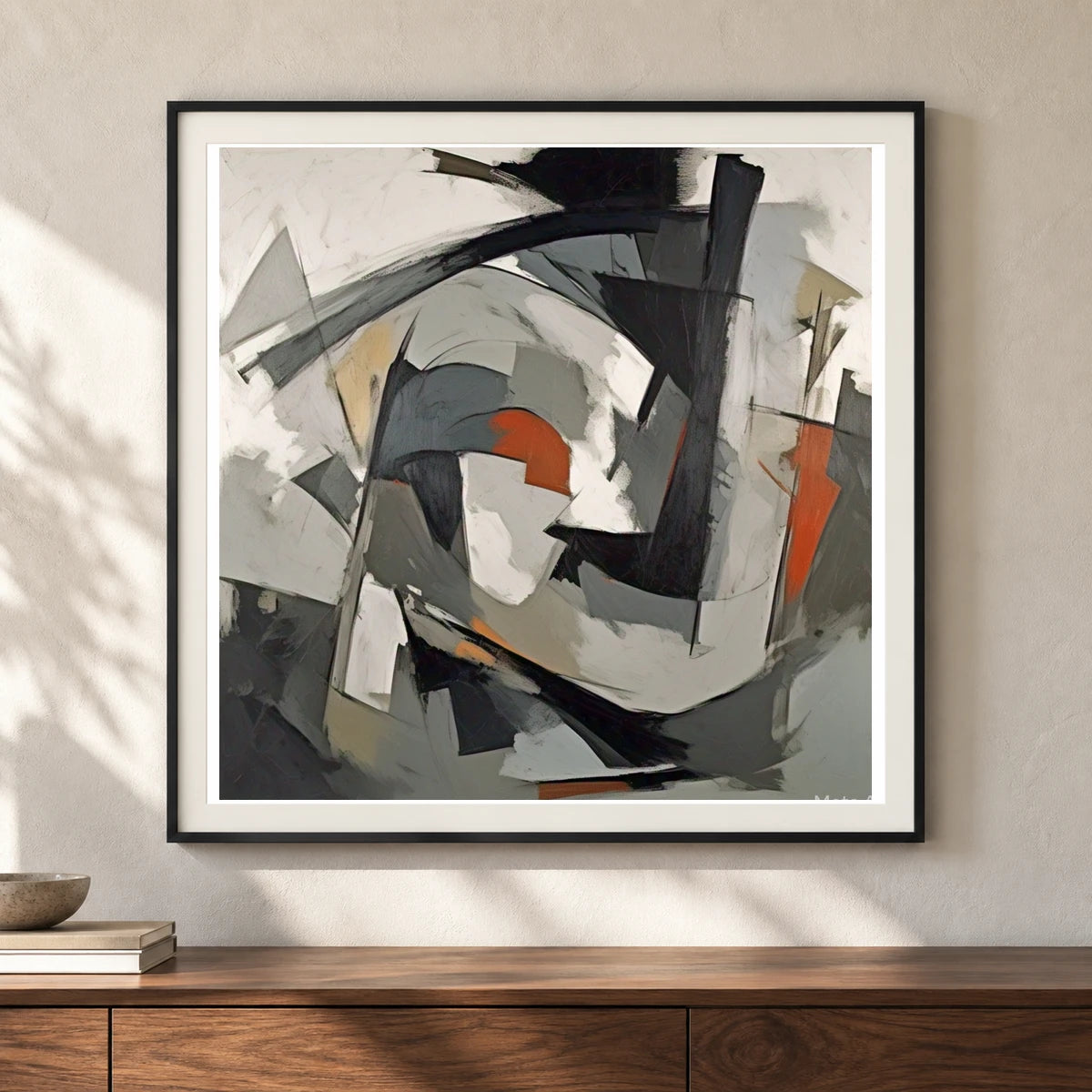 Echoing Void Abstract Expressionist Painting In Grayscale VI shown in a styled interior