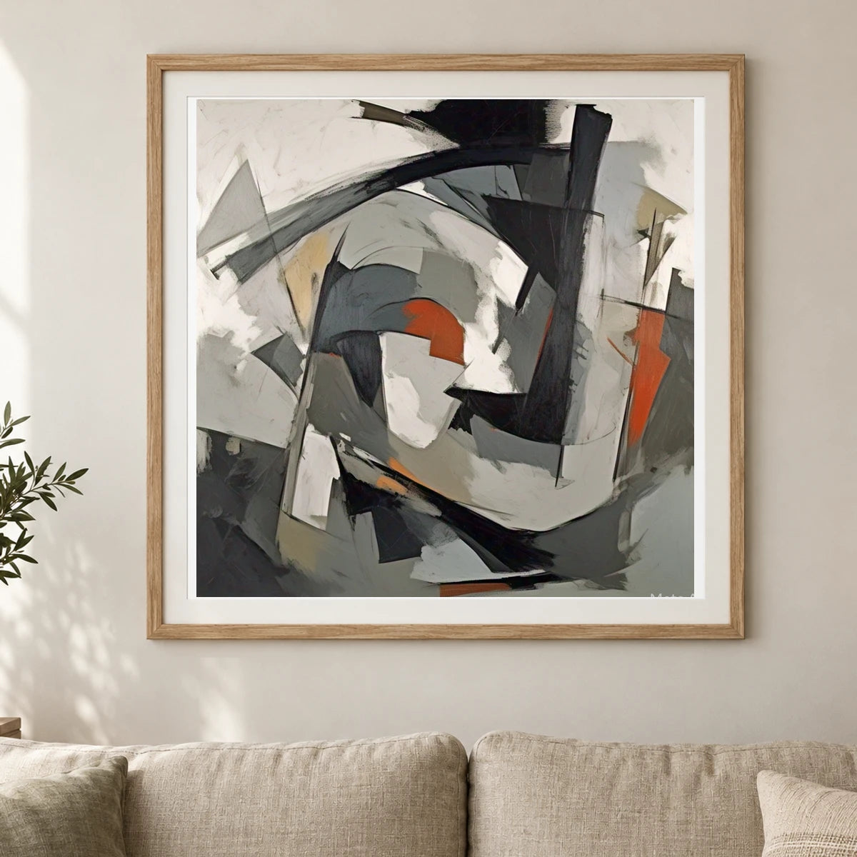 Echoing Void Abstract Expressionist Painting In Grayscale VI shown in a styled interior