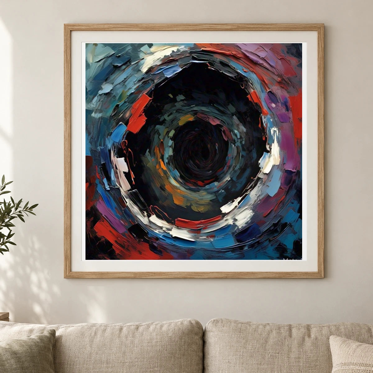 Emotive Abyss Abstract Expressionist Painting shown in a styled interior