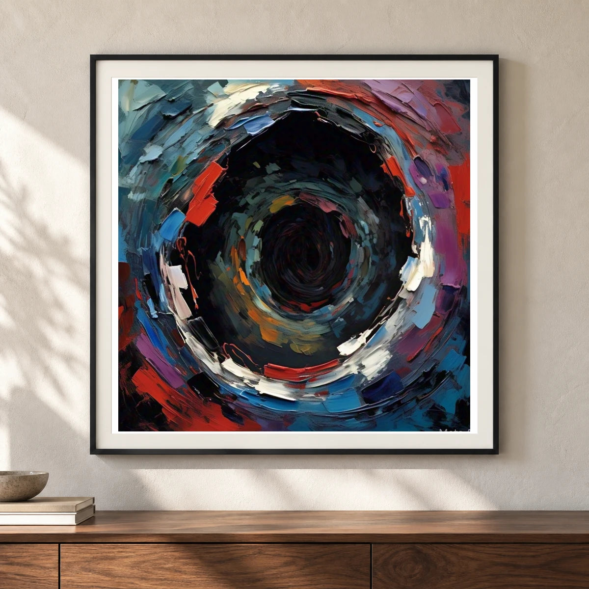 Emotive Abyss Abstract Expressionist Painting shown in a styled interior