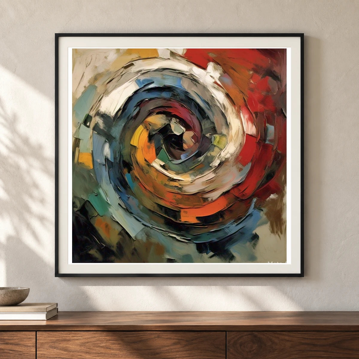 Emotive Abyss Abstract Expressionist Painting With Less shown in a styled interior