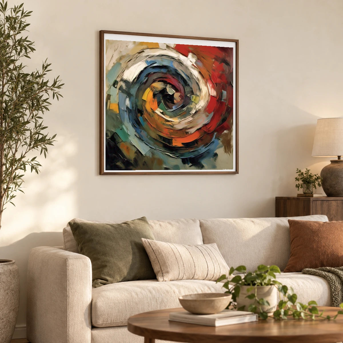 Emotive Abyss Abstract Expressionist Painting With Less shown in a styled interior