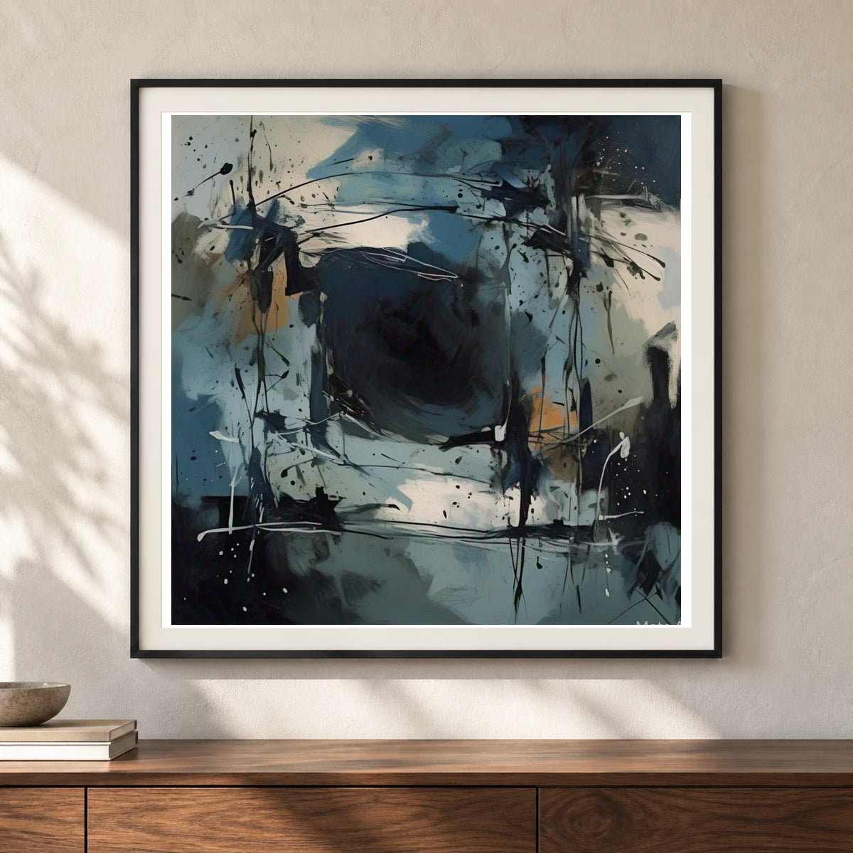 Emotive Abyss Abstract Expressionist Painting With Less II shown in a styled interior