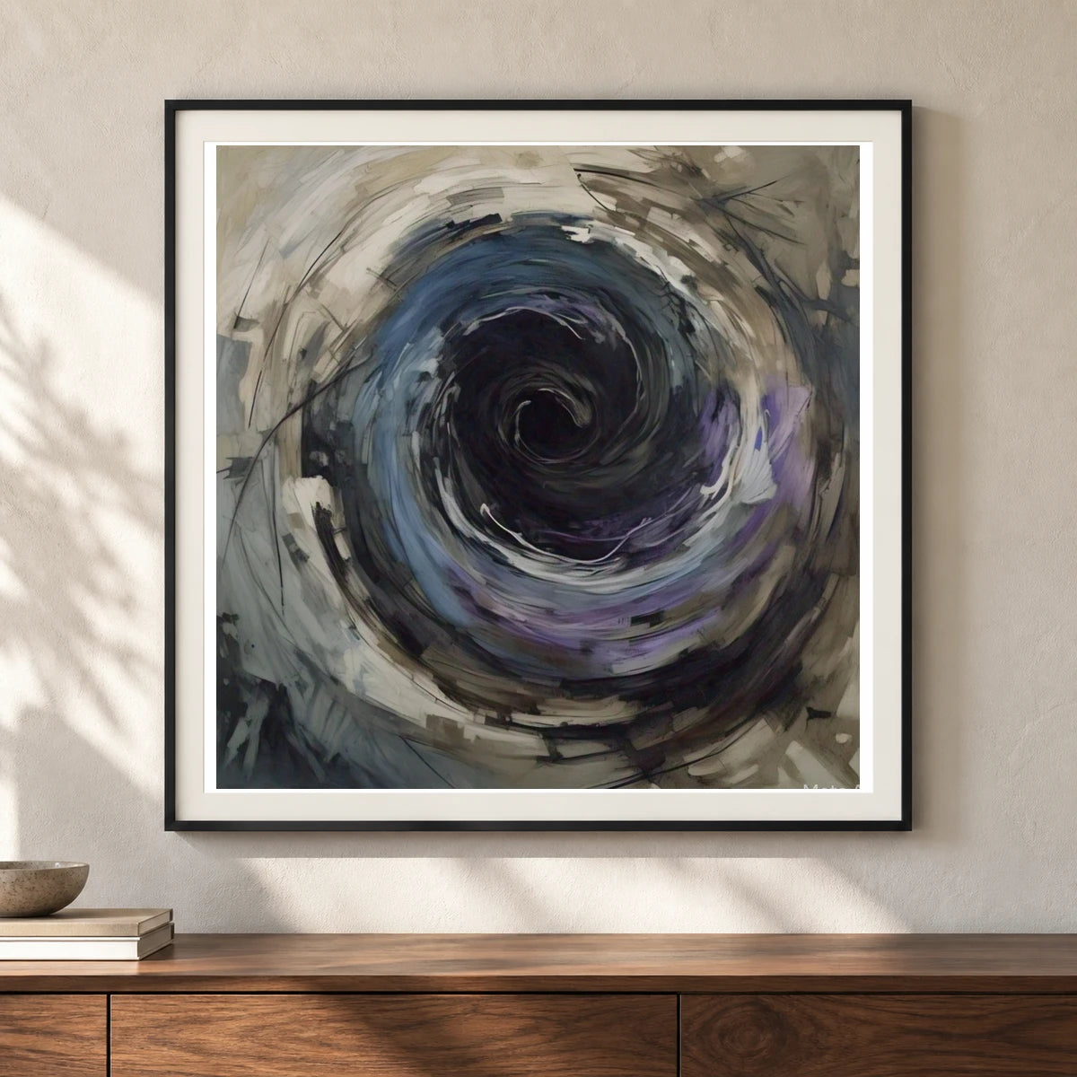 Emotive Abyss Abstract Expressionist Painting With Less III shown in a styled interior