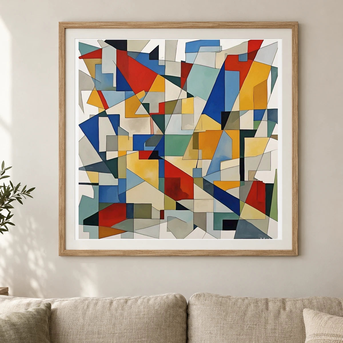 Fractured Symmetry Geometric Abstract Painting Featuring Fragmented shown in a styled interior