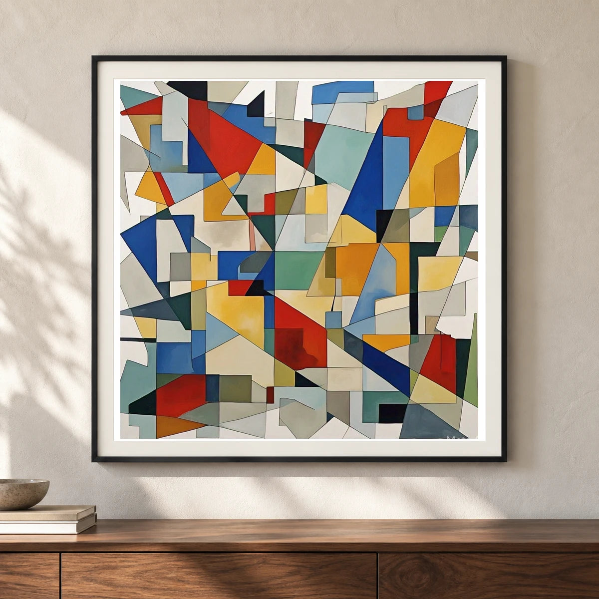 Fractured Symmetry Geometric Abstract Painting Featuring Fragmented shown in a styled interior