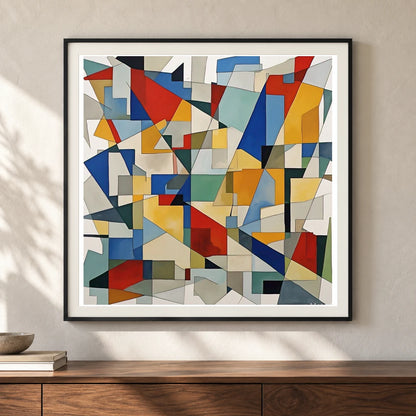 Fractured Symmetry Geometric Abstract Painting Featuring Fragmented shown in a styled interior
