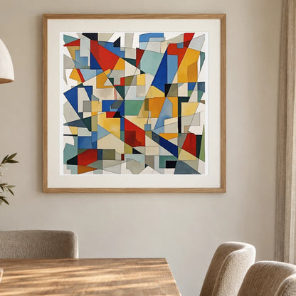 Fractured Symmetry Geometric Abstract Painting Featuring Fragmented shown in a styled interior