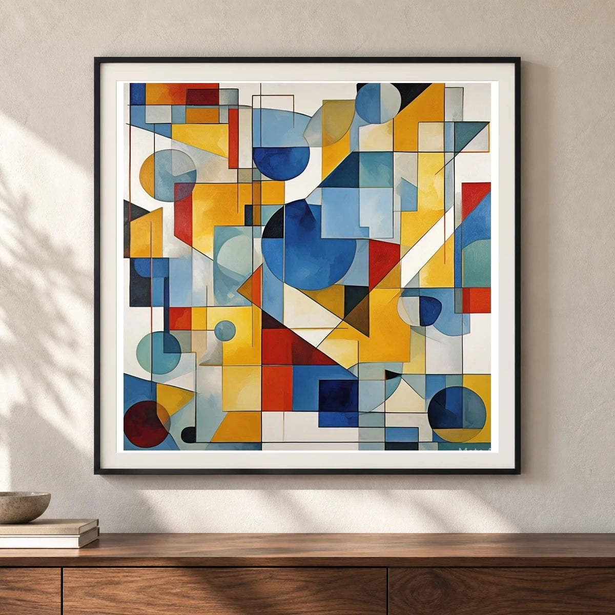 Fractured Symmetry Geometric Abstract Painting Featuring Fragmented II shown in a styled interior