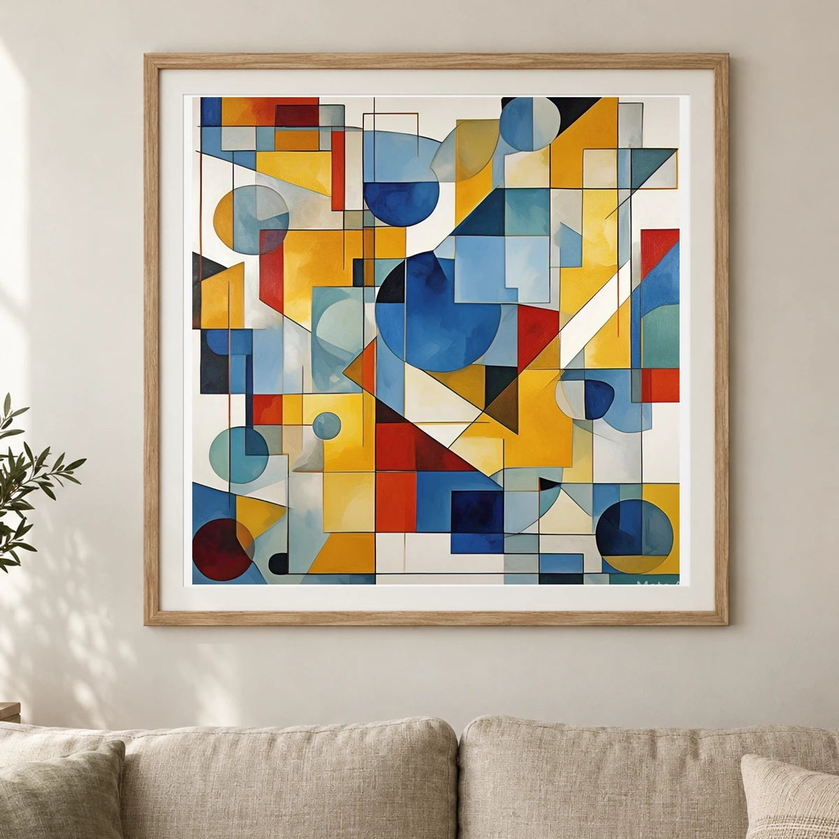 Fractured Symmetry Geometric Abstract Painting Featuring Fragmented II shown in a styled interior